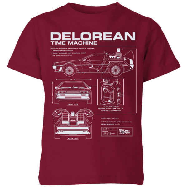 Back To The Future Delorean Schematic Kids' T-Shirt - Burgundy - 3-4 Jahre - Burgundy