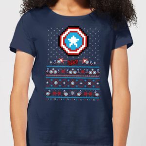Marvel Avengers Captain America Pixel Art Damen Christmas T-Shirt – Navy Blau – S