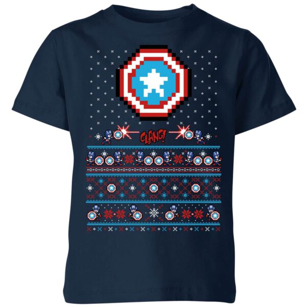 Marvel Avengers Captain America Pixel Art Kinder T-Shirt - Navy Blau - 3-4 Jahre