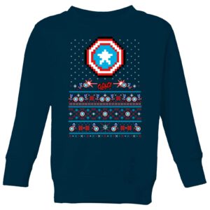 Marvel Avengers Captain America Pixel Art Kinder Weihnachtspullover – Navy – 9-10 Jahre – Marineblau