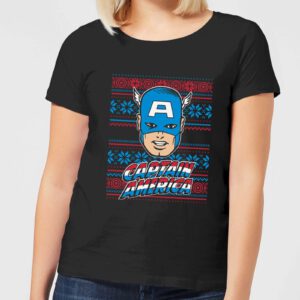 Marvel Captain America Face Damen Weihnachts-T-Shirt – Schwarz – S – Schwarz