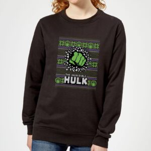 Marvel Hulk Punch Damen Weihnachtspullover – Schwarz – L – Schwarz