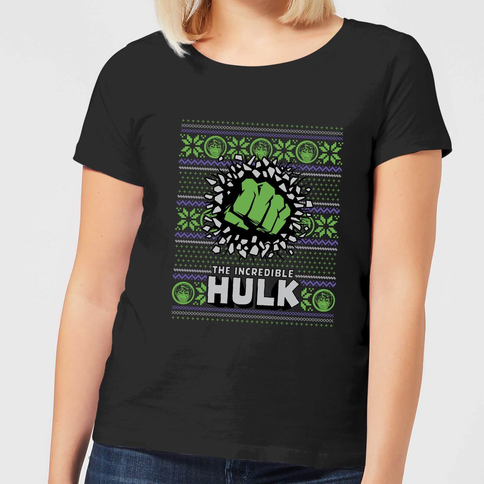 Marvel Hulk Punch Damen Weihnachts-T-Shirt – Schwarz – S – Schwarz