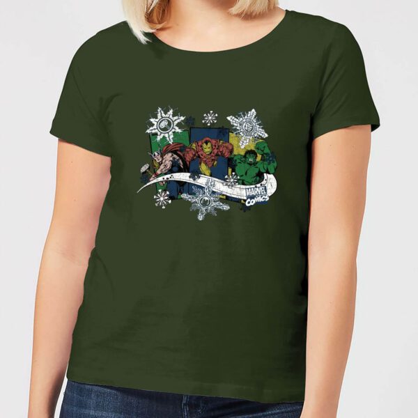 Marvel Thor Iron Man Hulk Snowflake Women's Christmas T-Shirt - Forest Green - S